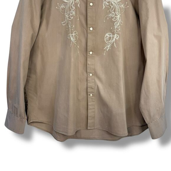 ACORN Bob Goldfeder Mens Pearl Snap Long Sleeve Shirt Embroidered Tan Beige XXL - Picture 3 of 12